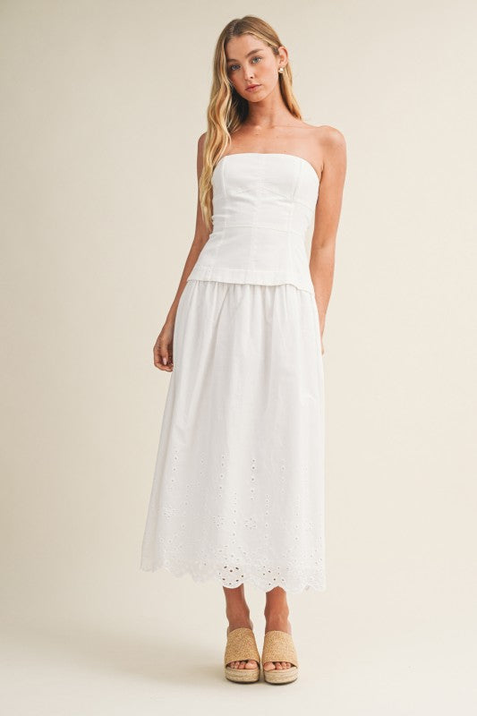 STRAPLESS EYELET SCALLOP HEM TWOFER MIDI DRESS