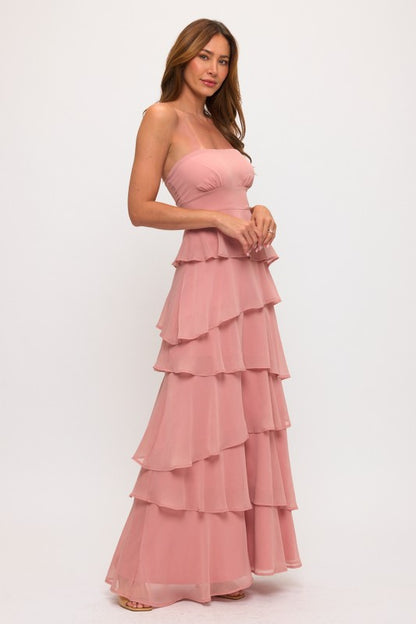 ASYMMETRICAL RUFFLE TIERED MAXI DRESS