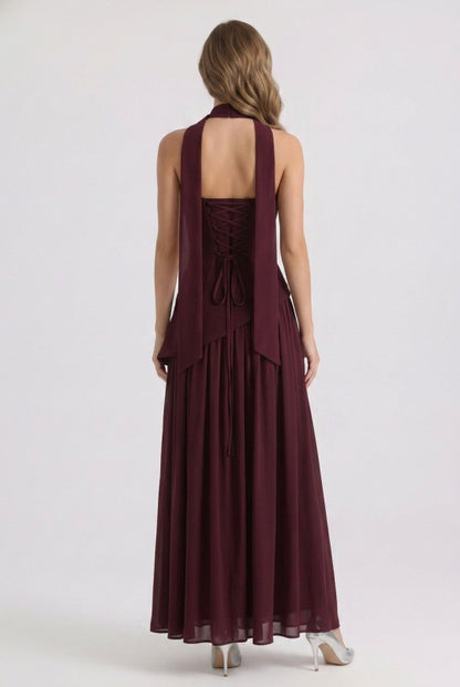 STRAPLESS LACE UP CORSET GATHERED MAXI DRESS WITH SCARF
