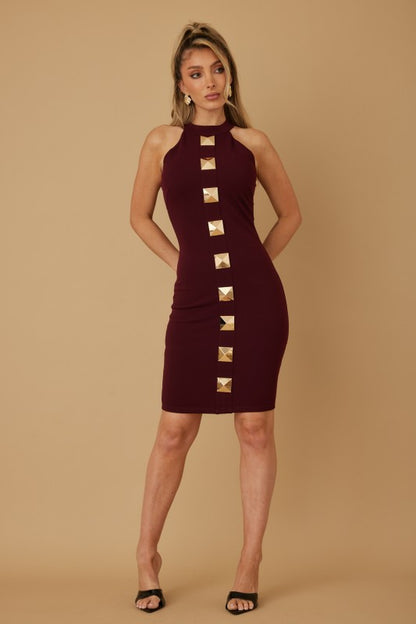 MULTI BIG STUDDED HALTER MIDI DRESS