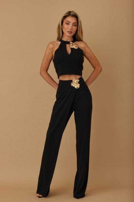 FLOWER STONE CROP TOP PANTS SET