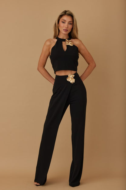 FLOWER STONE CROP TOP PANTS SET