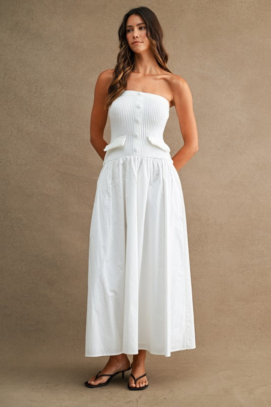STRAPLESS RIBBED KNIT BODICE POPLIN MIX MAXI DRESS
