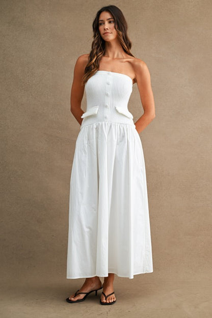 STRAPLESS RIBBED KNIT BODICE POPLIN MIX MAXI DRESS