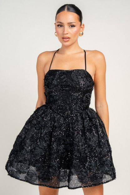 STRAPY OPEN BACK 3D SEQUIN LACE MINI PARTY DRESS