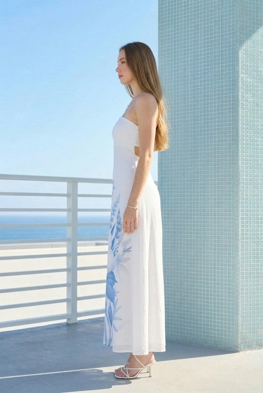 STRAPLESS FLORAL PRINT A-LINE LINEN MIDI DRESS