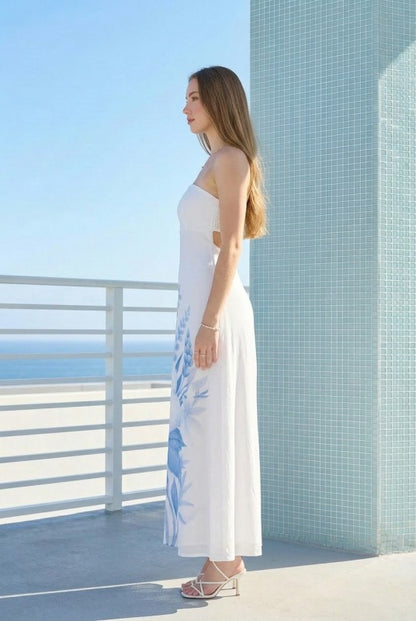 STRAPLESS FLORAL PRINT A-LINE LINEN MIDI DRESS