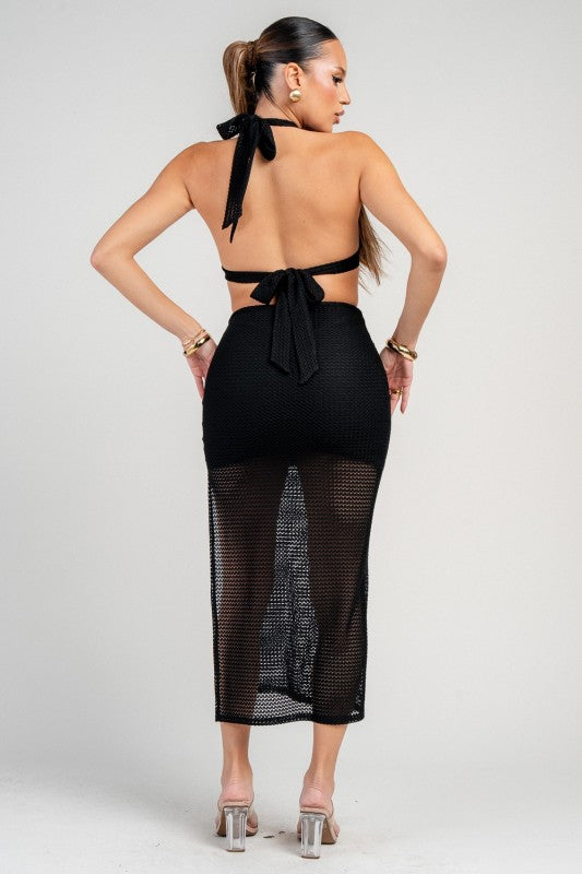 MIDI HALTER NECK DRESS WITH GOLD TRIM