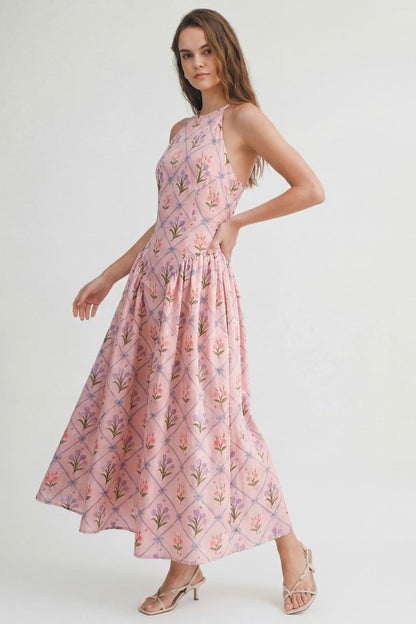 FLORAL JACQUARD HALTER MIDI DRESS