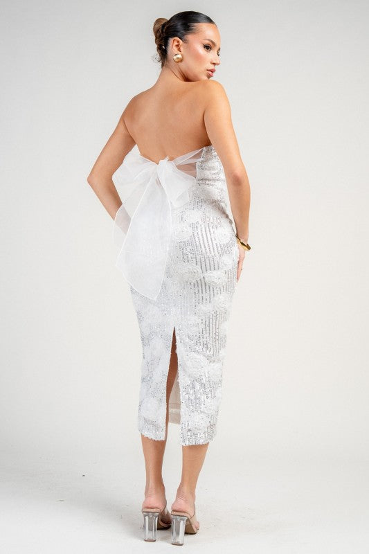 RIBBON 3D FLORAL SEQUINS LACE MIDI DRESS