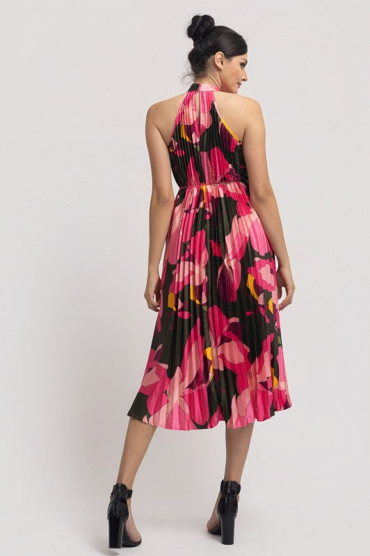 PRINTED PLEATED HALTER NECK MIDI DRESS