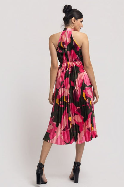 PRINTED PLEATED HALTER NECK MIDI DRESS