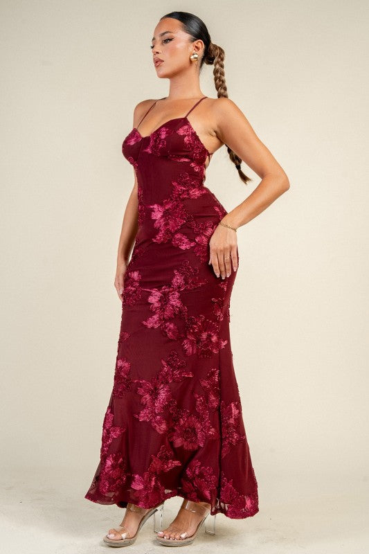3D FLORAL LACE UP BACK MAXI DRESS