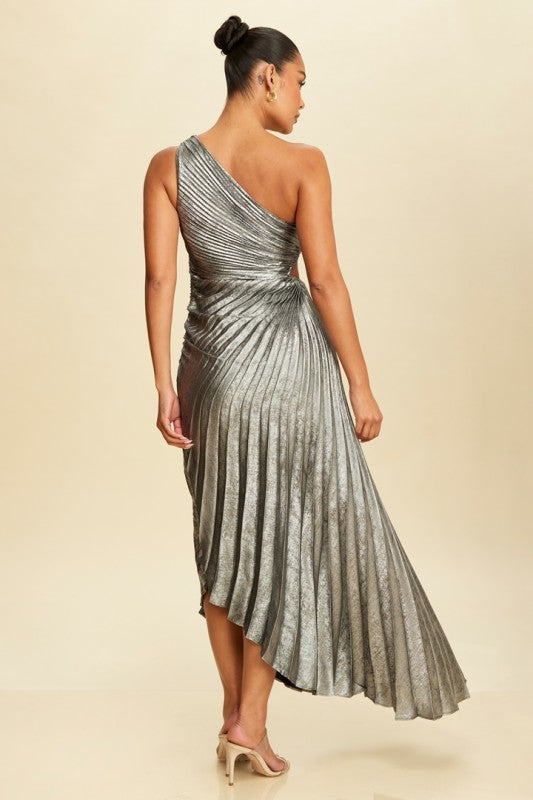 METALLIC PLEATED ONE SHOULDER DRESS