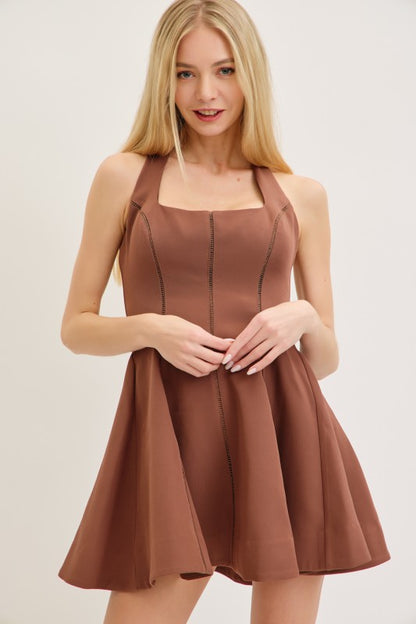 LACE TRIM DETAIL HALTER NECK SKATER MINI DRESS