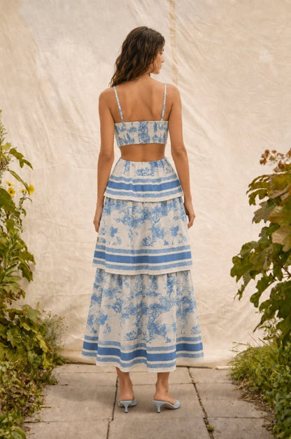 TOILE PRINTED TIERED MIDI DRESS