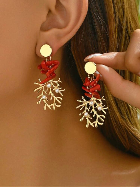 FAUX PEARL RED CORAL GOLD PLATED EARRINGS