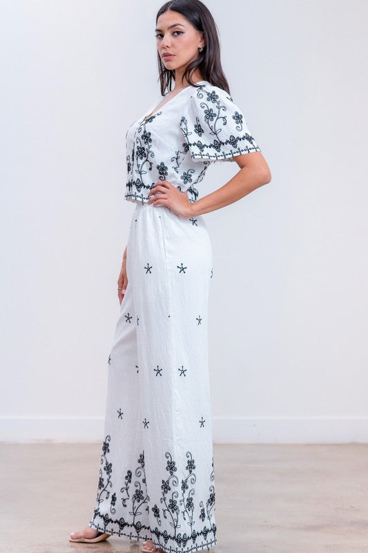 BUTTON UP EMBROIDERED TOP AMD PANTS SET