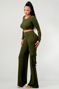 2 PIECES SET LONG SLEEVE TOP AND WIDE LEG CARGO PANTS SET