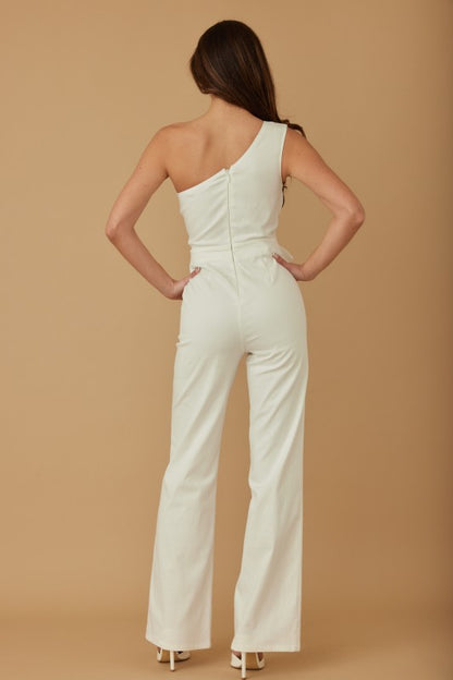 DENIM FLOWER BOOM HALF SHOULDER JUMPSUIT