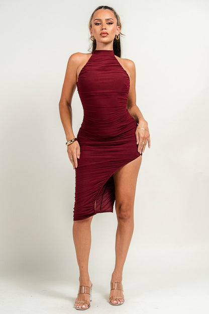 MOCK NECK MESH MIDI PARTY DRESS WITH SIDE SLIT