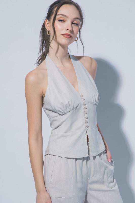 HALTER NECK LINEN TIE FRONT VEST PANTS SET