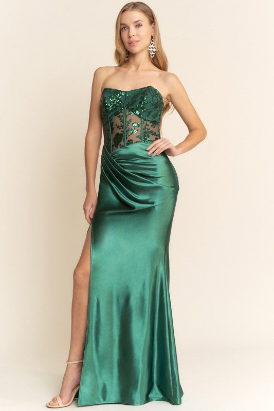 SHEER SEQUIN BODICE MAXI COCKTAIL DRESS