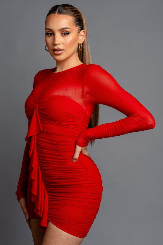 MESH LONG SLEEVE MINI DRESS