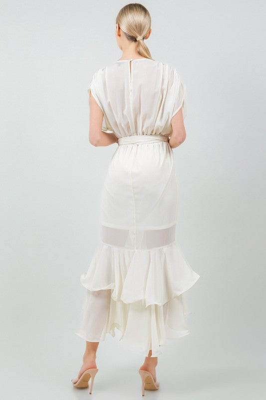 SOLID TIE WAIST RUFFLE MIDI DRESS