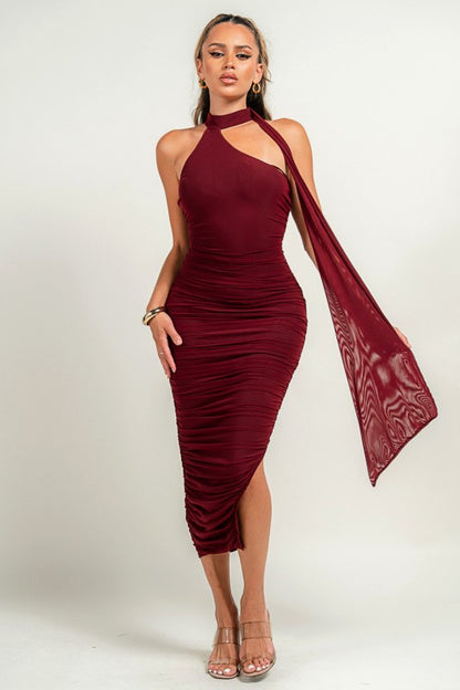 LUXE MESH ASYMMETRIC BACK DRAPED RUCHED MIDI DRESS