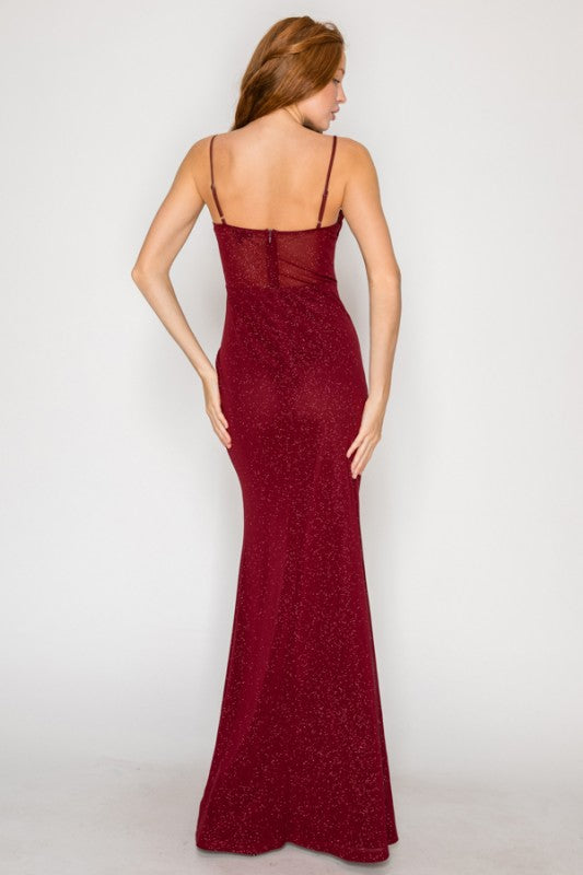 SOLID GLITTER MESH CORSET MAXI PARTY DRESS
