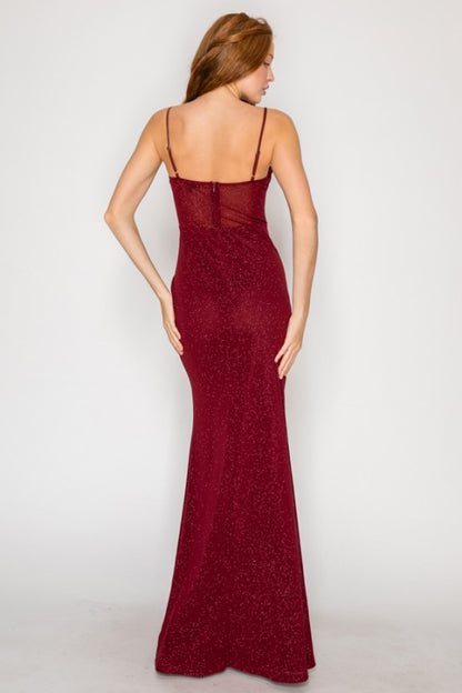 SOLID GLITTER MESH CORSET MAXI PARTY DRESS
