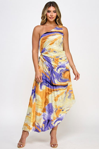 PRINTED ONE SHOULDER PLEATED ASYMMETRICAL DRESS