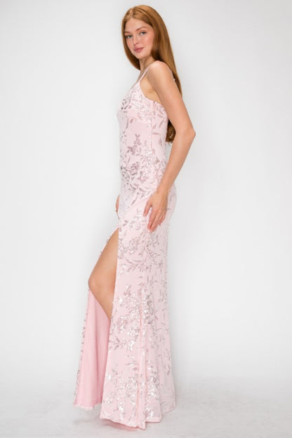 FLORAL SEQUIN MERMAID MAXI COCKTAIL DRESS