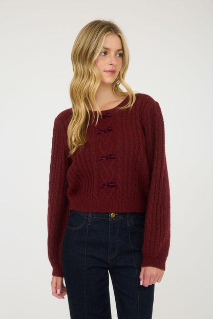 CABLE KNIT FRONT VELVET BOW DETAIL KNIT SWEATER