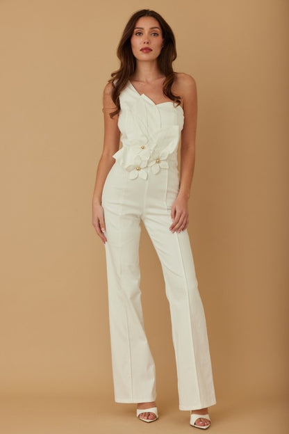 DENIM FLOWER BOOM HALF SHOULDER JUMPSUIT