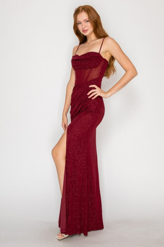 SOLID GLITTER MESH CORSET MAXI PARTY DRESS