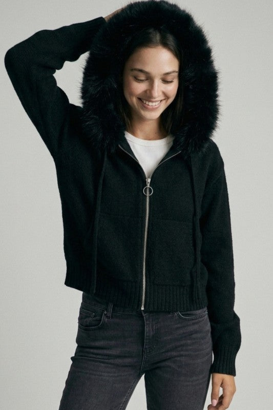 REMOVABLE FAUX FUR TRIM HOODED CARDIGAN