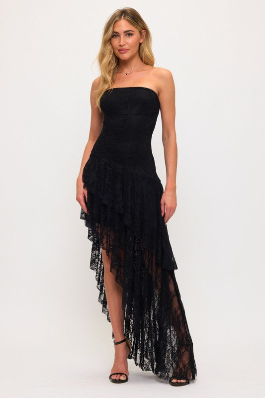 LACE DOUBLE LAYER ASYMMETRICAL MAXI DRESS