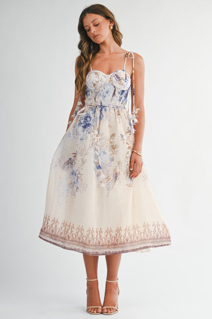 FLORAL CHIFFON TIE-STRAP MIDI SUMMER DRESS