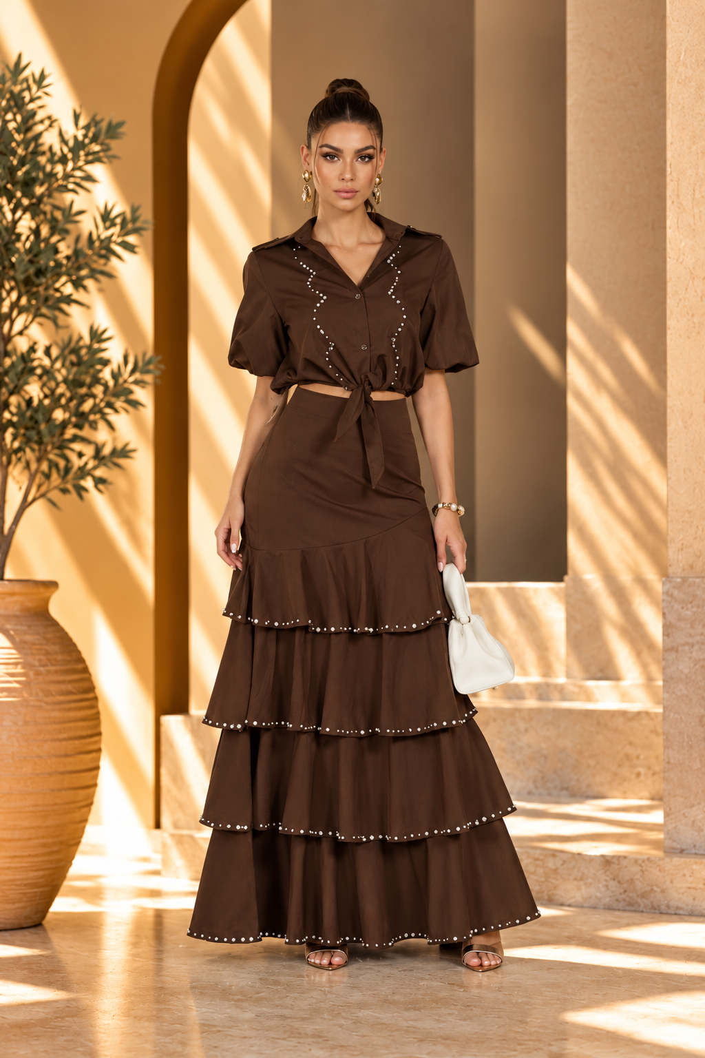 RHINESTONE TRIM TIE FRONT SHIRT AND SKIRT SET