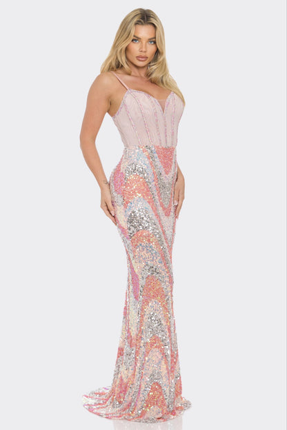 SEQUIN MESH CONTRAST MAXI Cocktail  DRESS