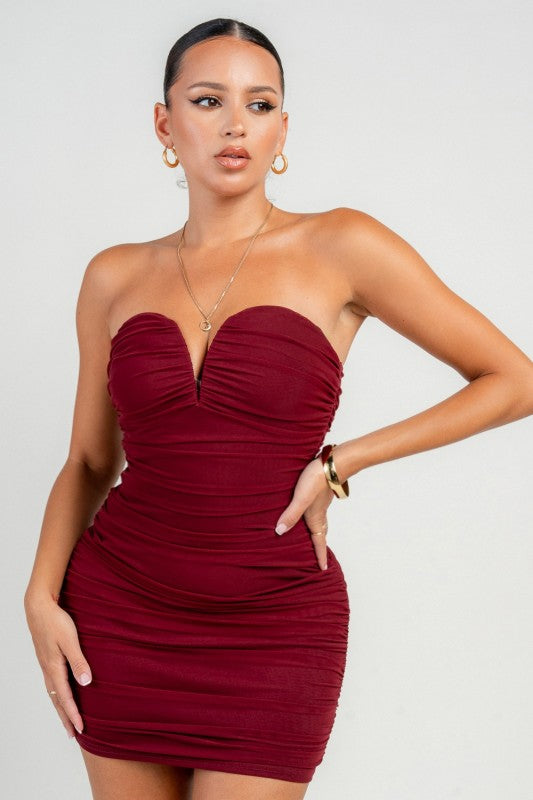 V WIRE RUCHED MESH MINI DRESS