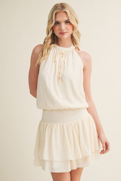 FRONT LACE UP HALTER MINI DRESS