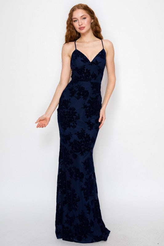 VELOUR FLORAL MERMAID MAXI PARTY DRESS