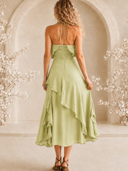 HALTER NECK RUFFLE MIDI DRESS