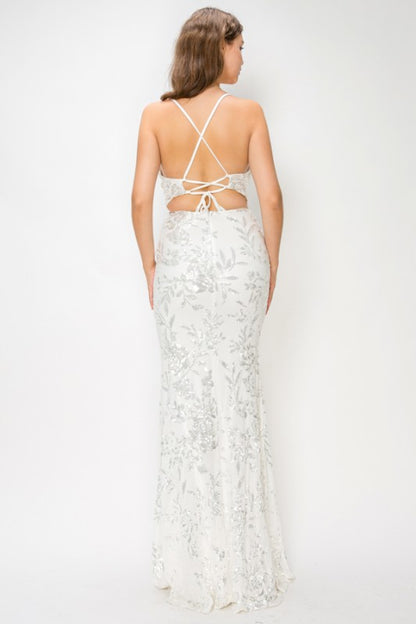 FLORAL SEQUIN MERMAID MAXI COCKTAIL DRESS