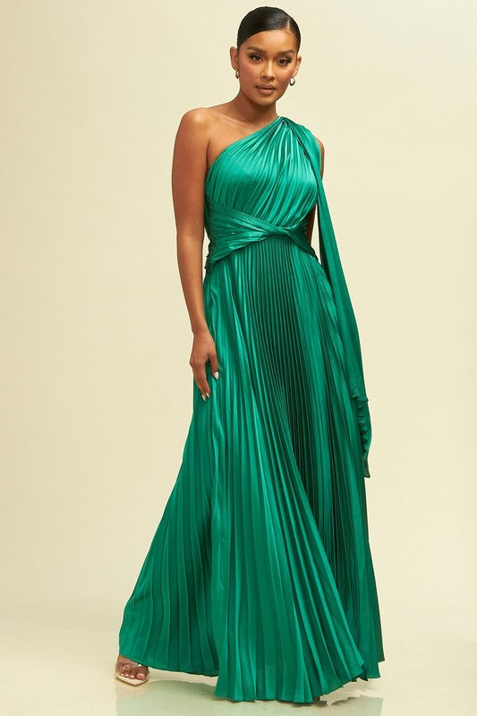 ONE SHOULDER PLEATED MAXI DRESS