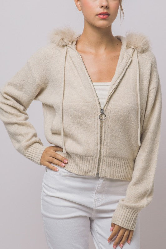 REMOVABLE FAUX FUR TRIM HOODED CARDIGAN