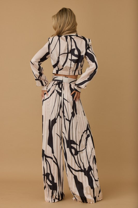 PLEATED PRINTED LONG SLEEVES TOP PANTS SET